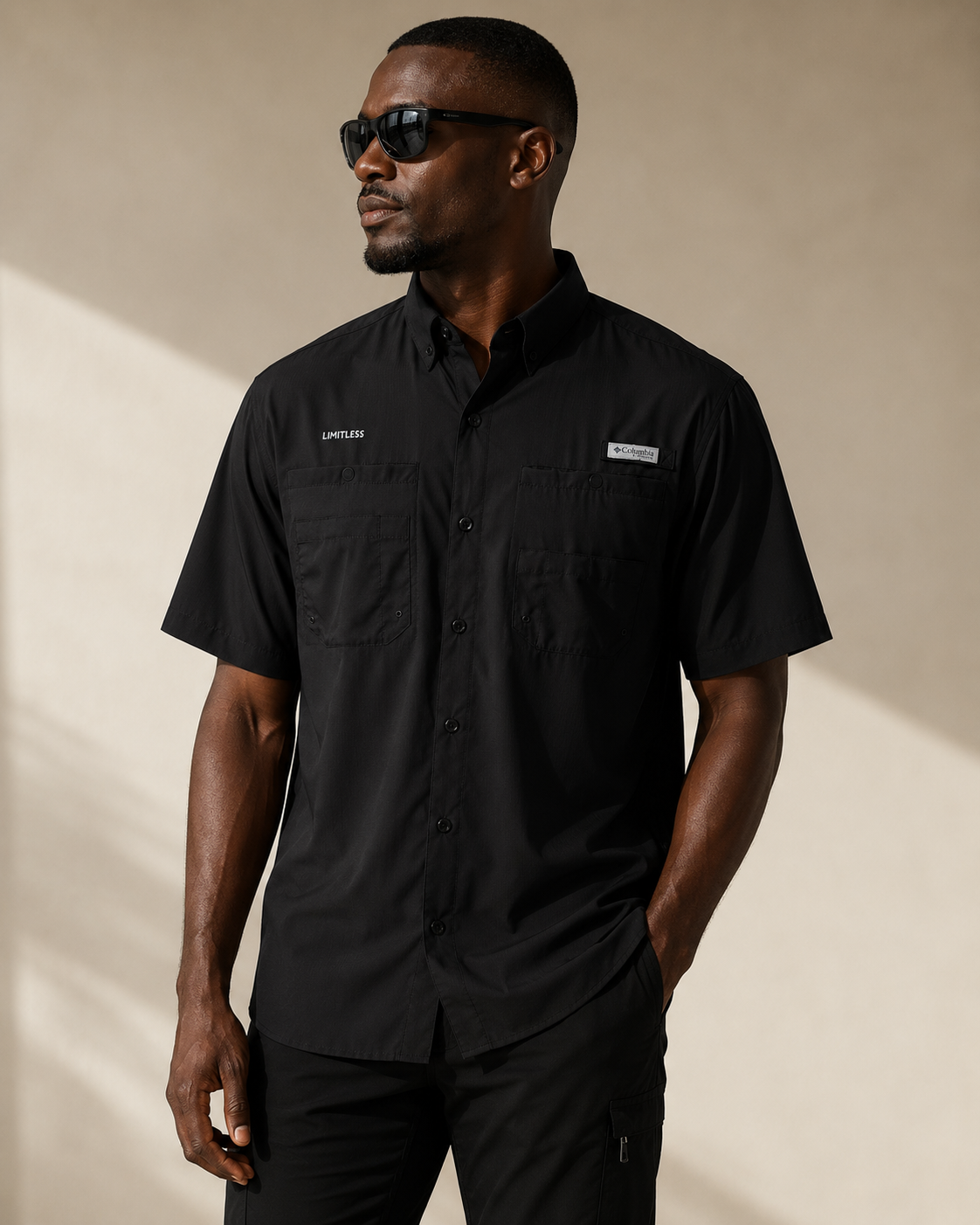 Model wearing the Limitless Utility Shirt by Dress 2 Impress Ltd, showcasing a stylish, versatile clothing piece.