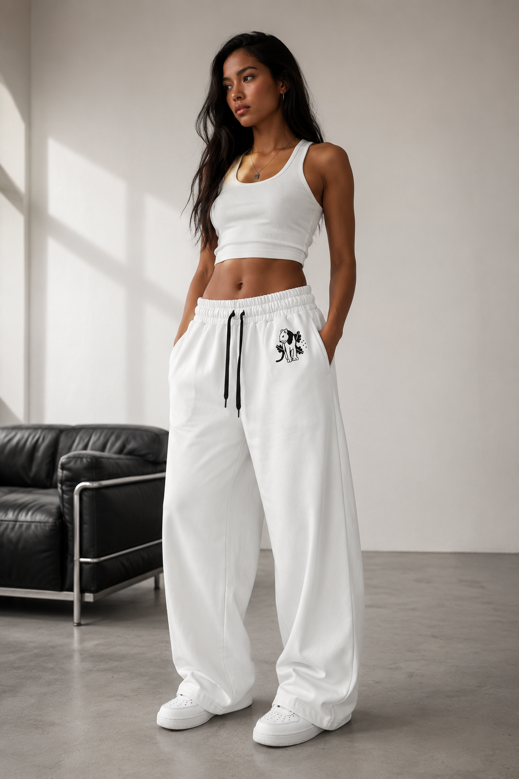 Model wearing Street Muse wide-leg joggers by Dress 2 Impress Ltd, showing the relaxed fit and stylish design in a casual setting.