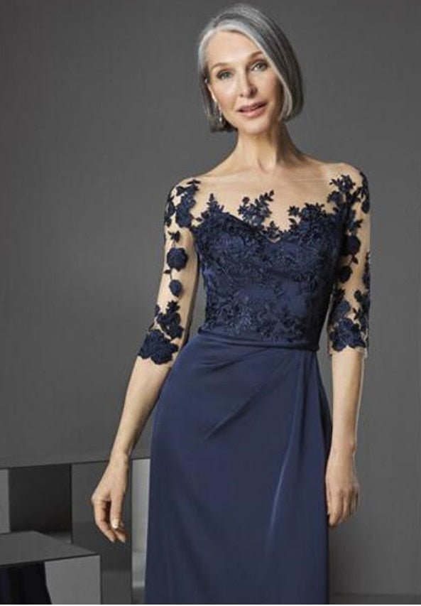 Navy blue maxi dress with pleated waistline and mermaid silhouette, designed for mother of the bride or groom by EDKAY COLLECTION UK