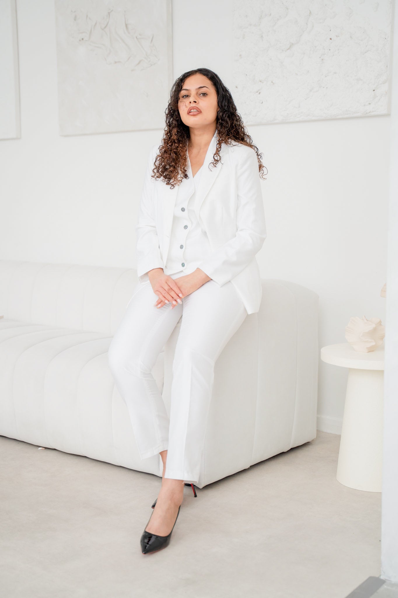 White satin 3-piece pantsuit by EDKAY COLLECTION UK featuring tailored jacket, matching pants, and a stylish top.